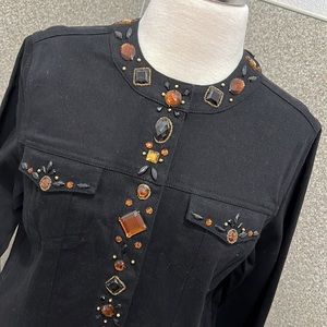 Black Denim Laura Ashley Rhinestone Jacket Size Large Petite